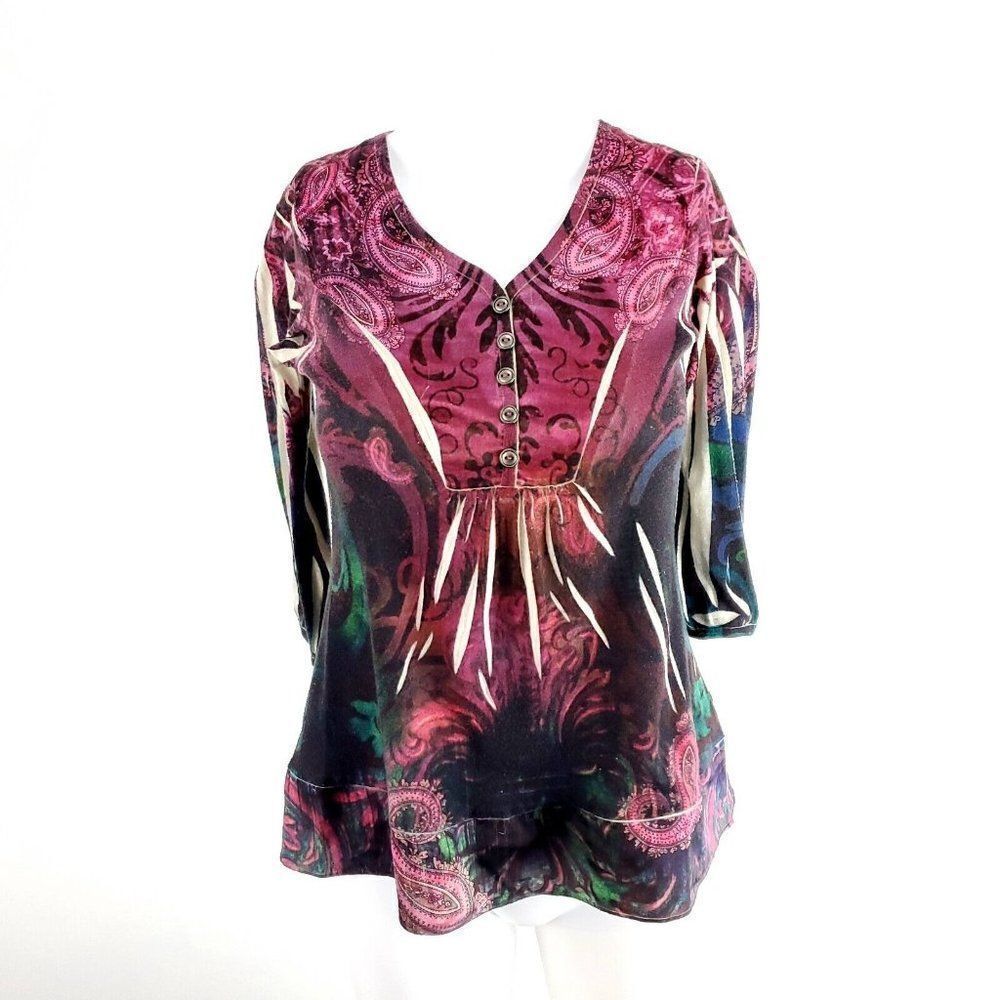 Style & Co. Petite Size Pp Purple Design V Neck Button Blouse Polyester